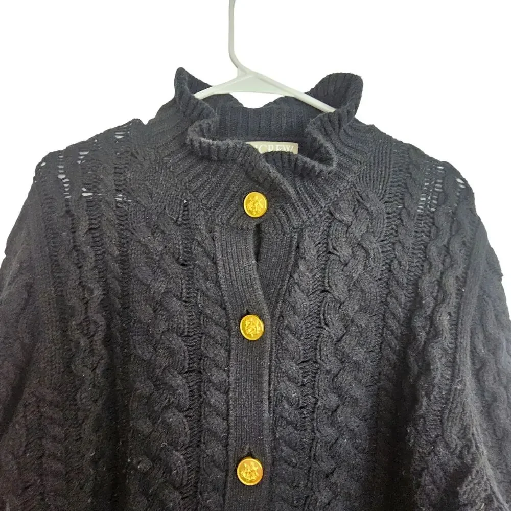 J. Crew Womens Cable Knit Ruffle Neck Cardigan Sweater Size L Lambswool Classic